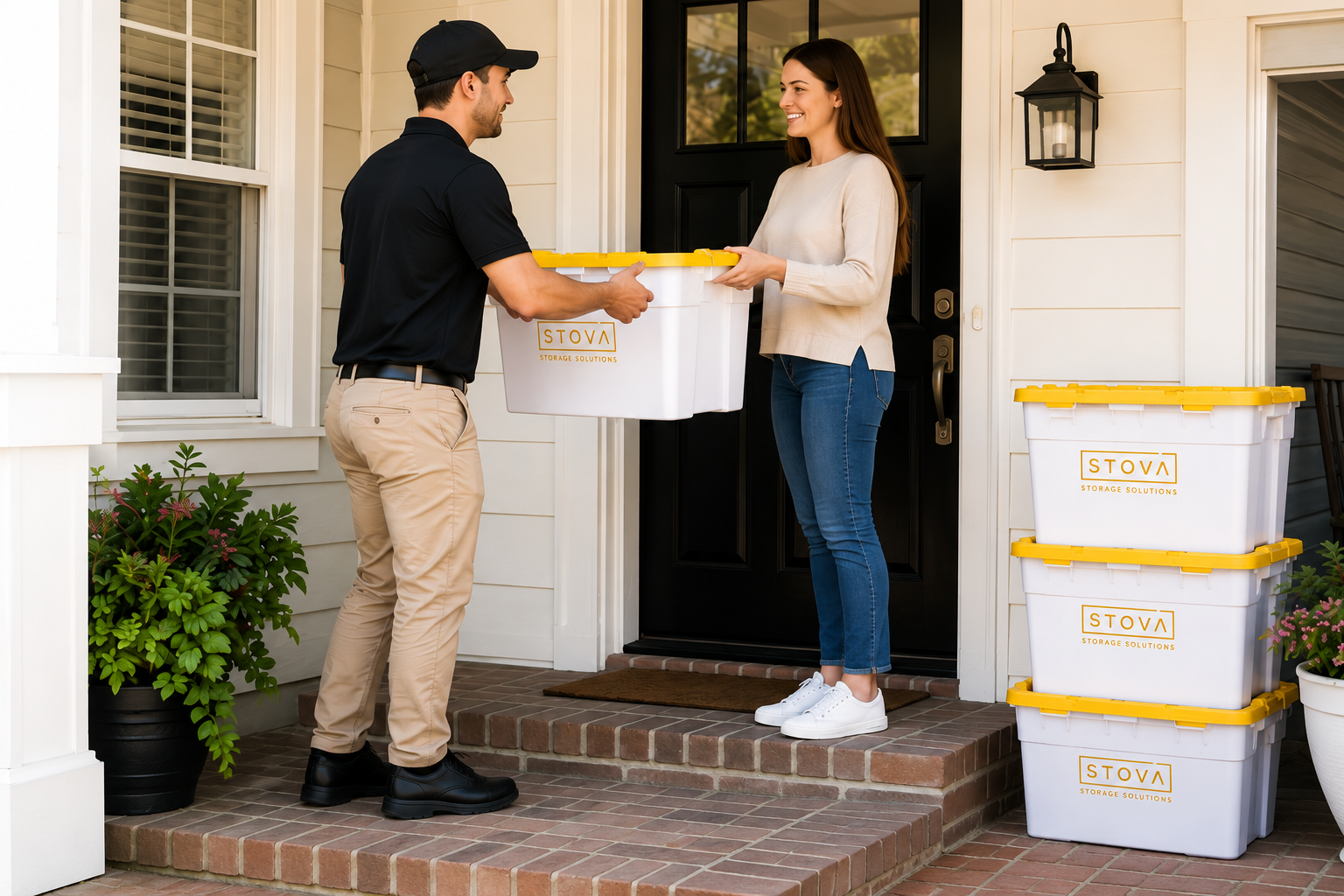 A STOVA team member delivering a white storage tote with a yellow lid to a customer at her front door.