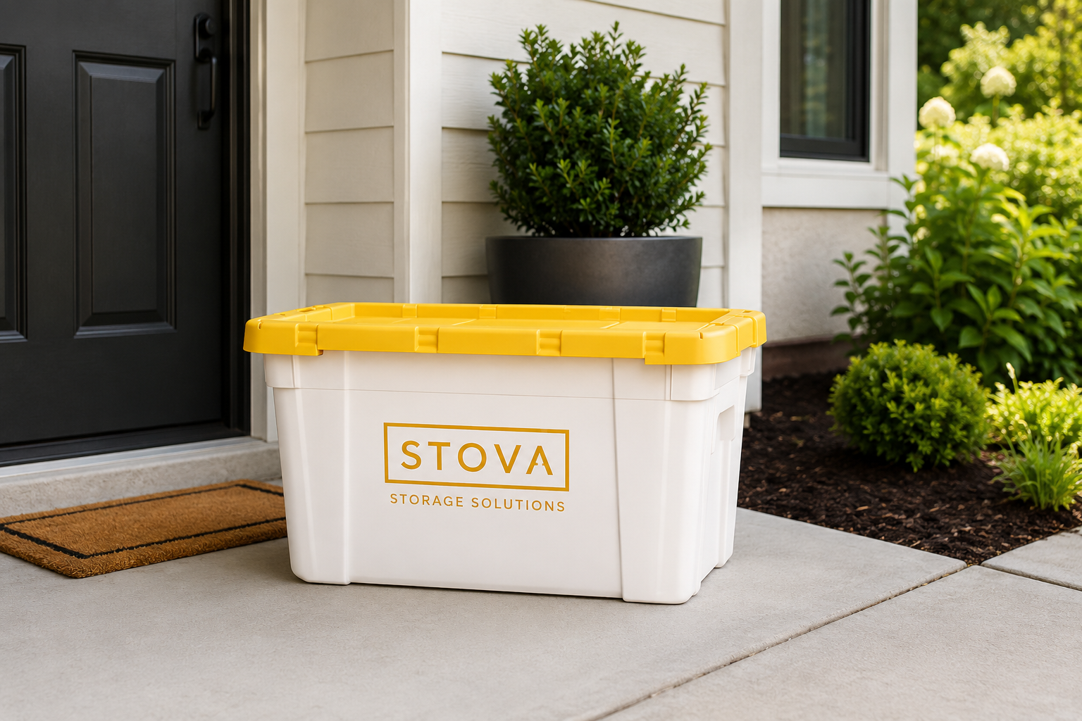 A STOVA tote with a yellow lid delivered to a front porch.