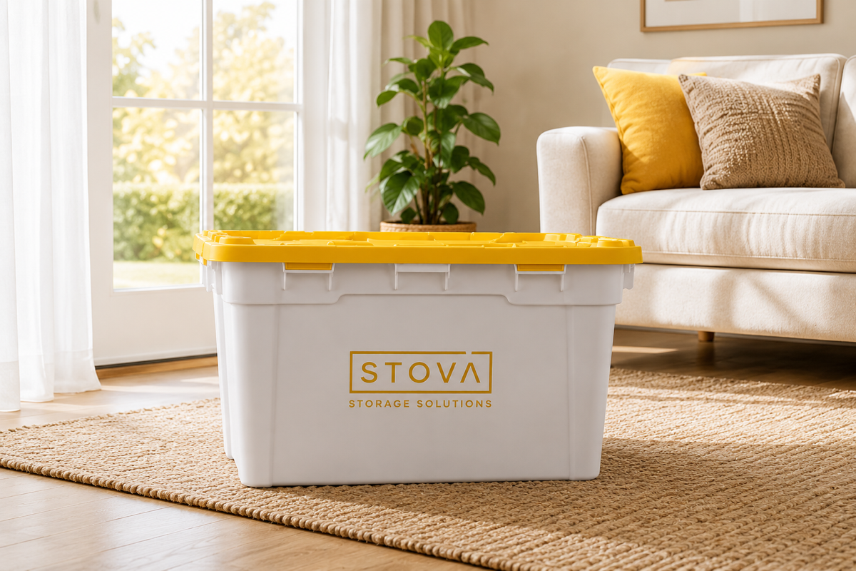 A STOVA storage tote with a yellow lid in a bright living room.