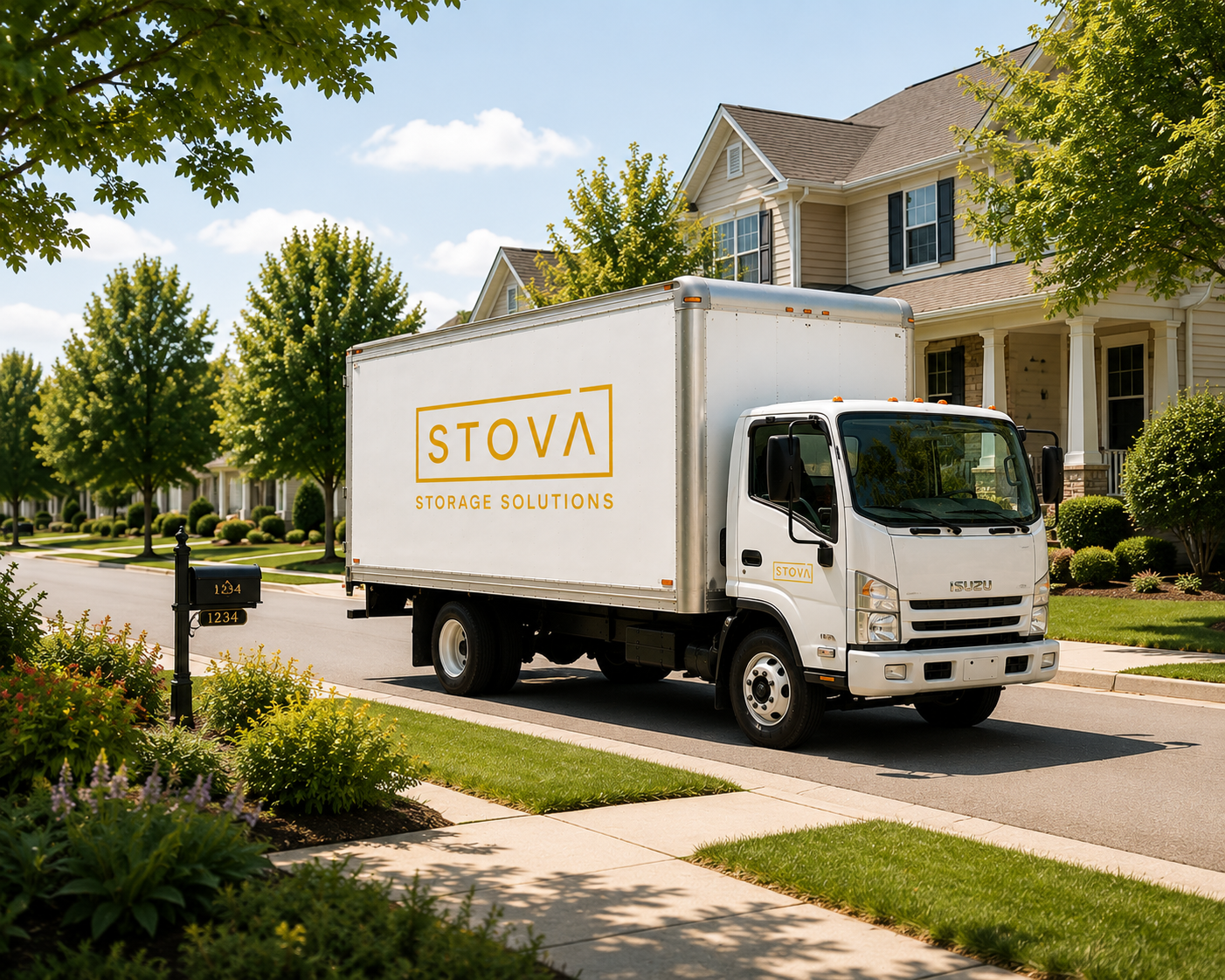 A STOVA truck parked in a residential neighborhood.
