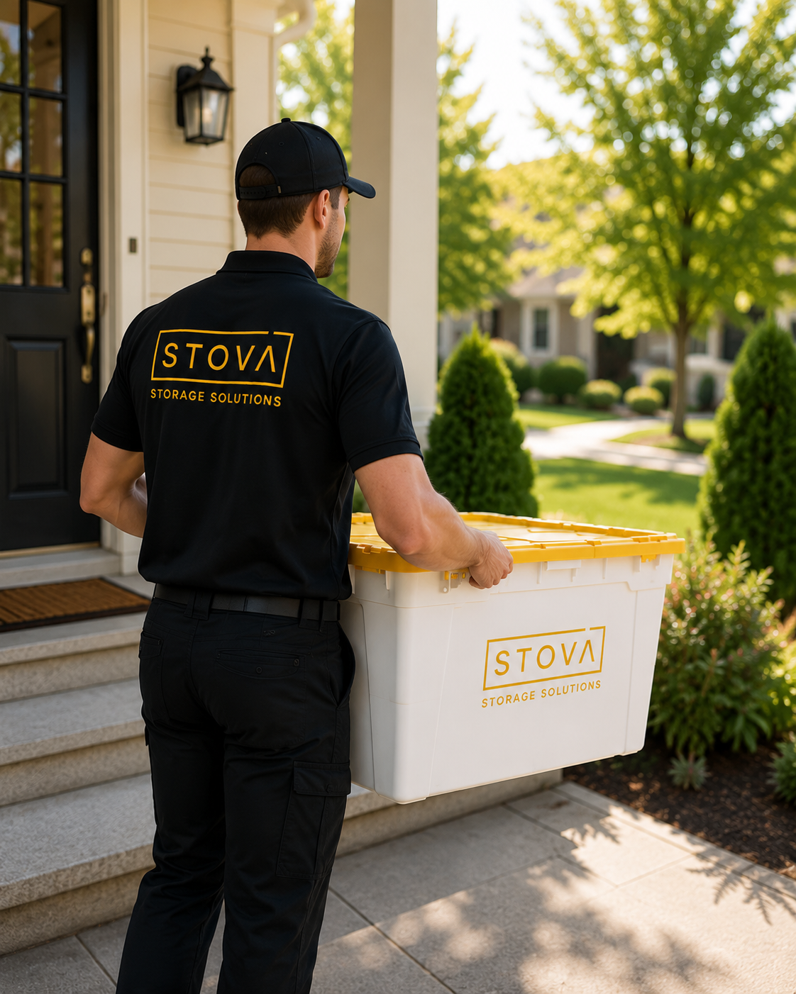 A STOVA team member carrying a tote from a front porch.